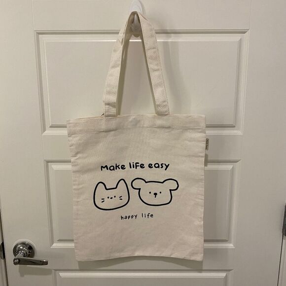 Make Life Easy Canvas Tote Bag. Off White. O/S. Snap Button For Closure. Kidcore - Picture 1 of 6